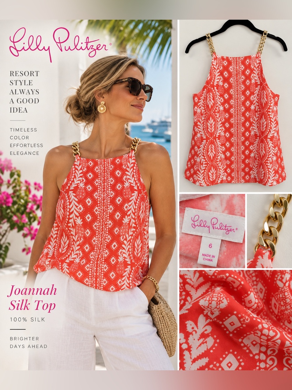 Lilly Pulitzer Joannah Silk Top Flamingo Feather Gold Chain NWT Size 6
